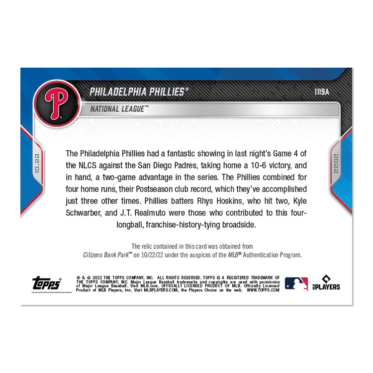 Game-used Base Relic # to 99 - Philadelphia Phillies - 2022 MLB TOPPS NOW Card 1119A - Image 2