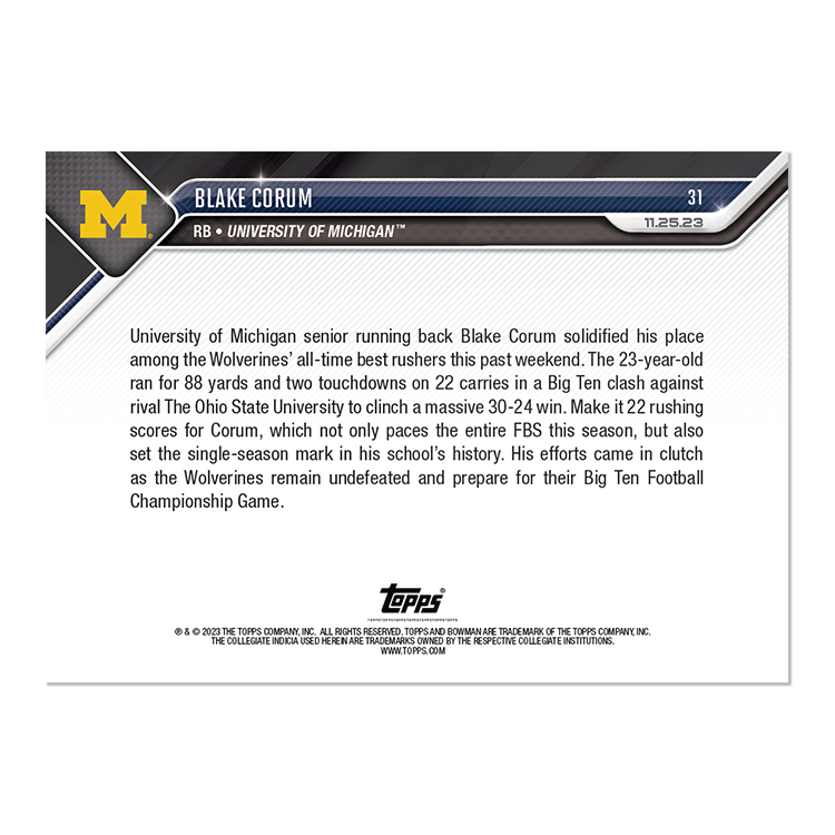 Blake Corum - 2023 Bowman U NOW Football Card 31 - PR: 1236 - Image 2