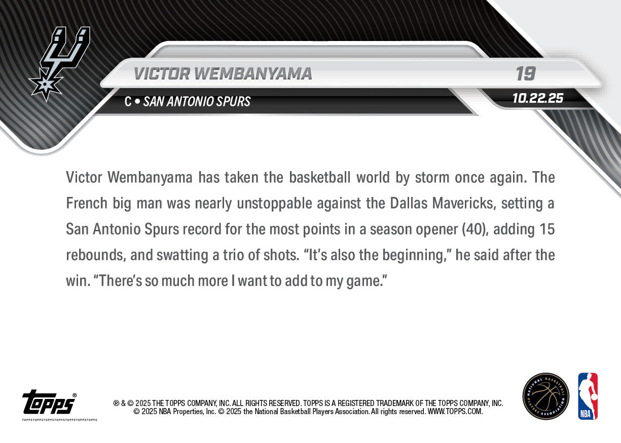 Victor Wembanyama - 2025-26 NBA Topps NOW - Card 19 - PR: 13527 - Image 3