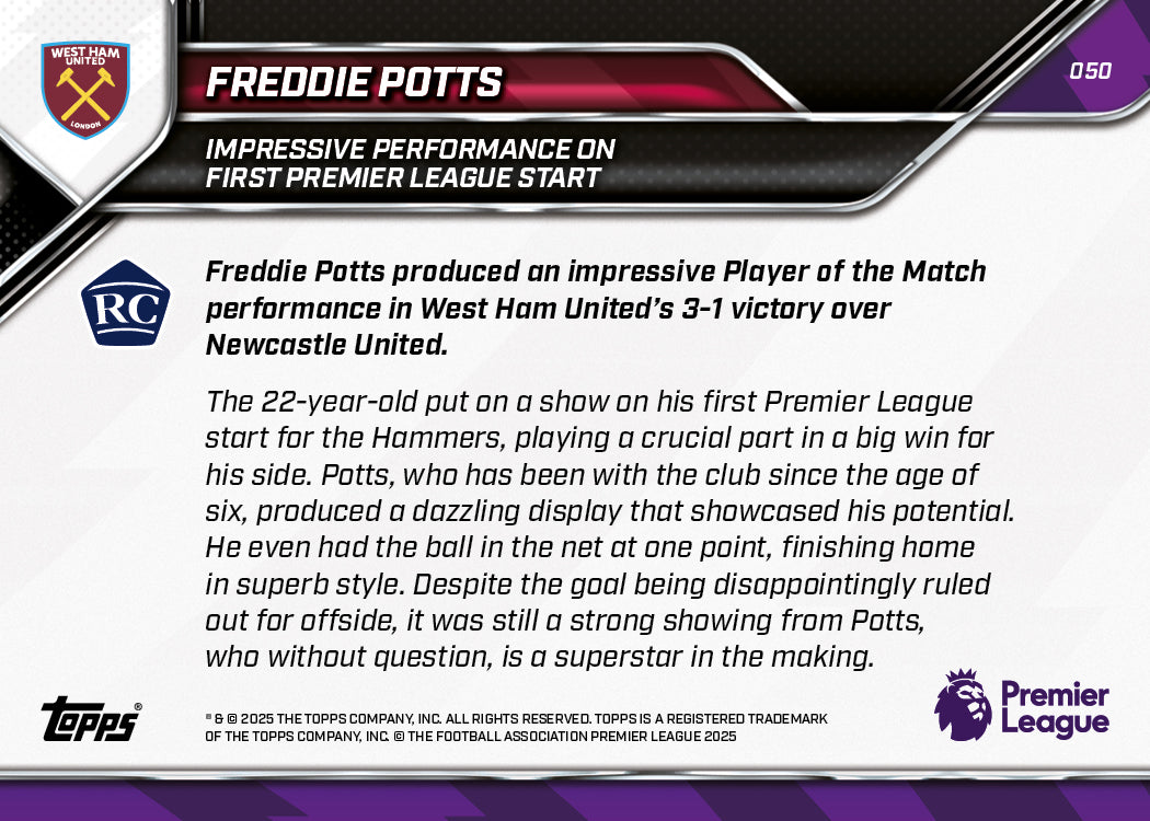Freddie Potts - 2025-26 Premier League Topps NOW - Card 50 - PR: 1025 - Image 7