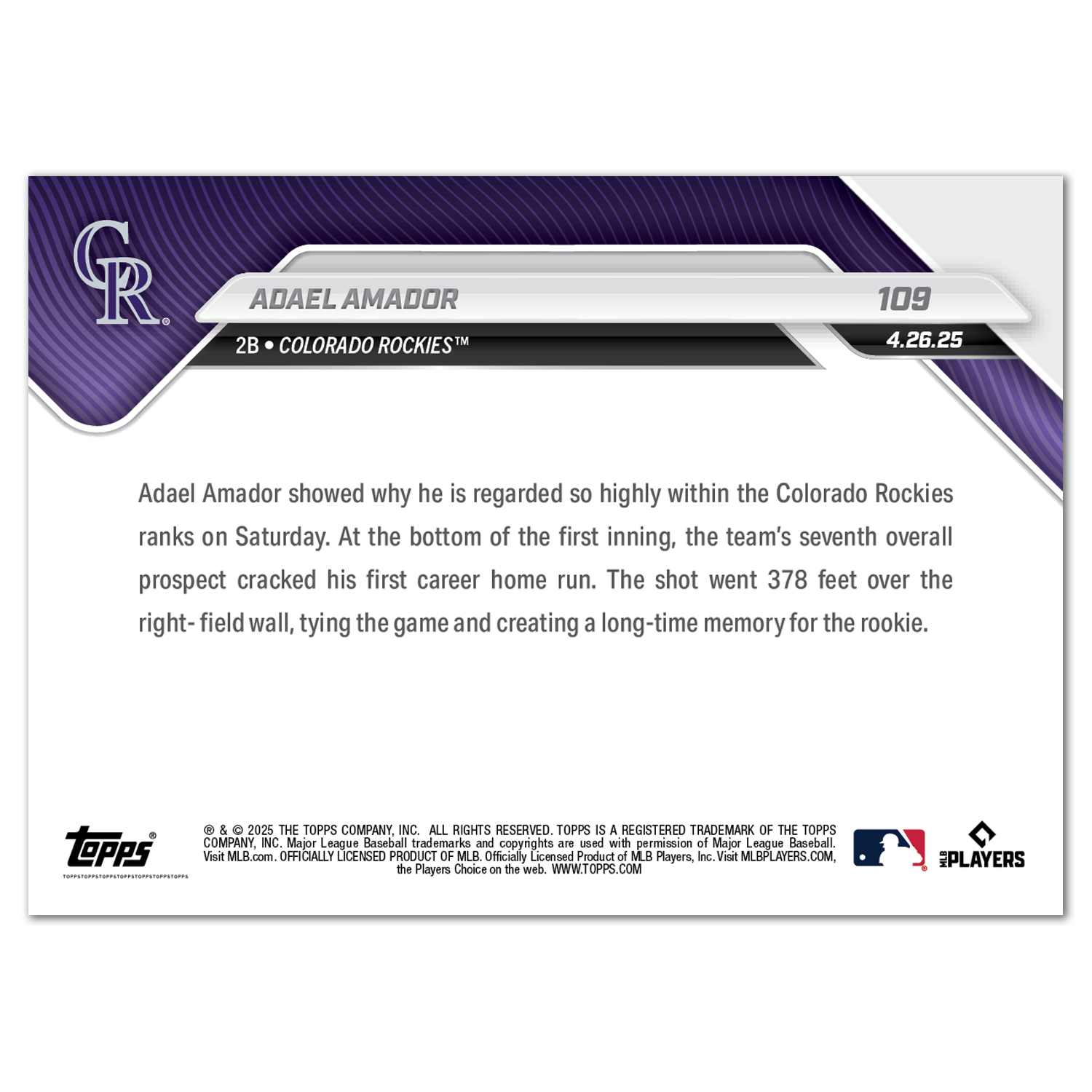Adael Amador - 2025 MLB Topps NOW - Card 109 - PR: 608 - Image 2