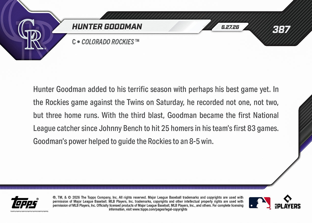 Hunter Goodman - 2026 MLB Topps NOW - Card 387 - PR: 498 - Image 2