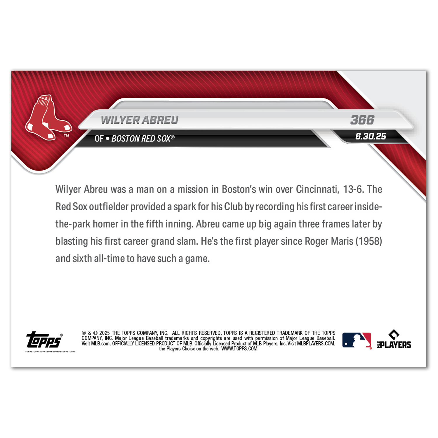 Wilyer Abreu - 2025 MLB Topps NOW - Card 366 - PR: 824 - Image 2
