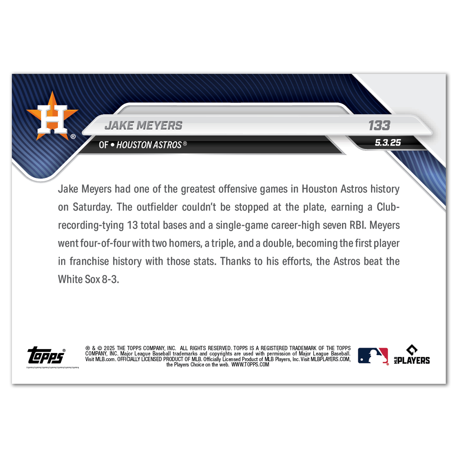 Jake Meyers - 2025 MLB Topps NOW - Card 133 - PR: 460 - Image 2