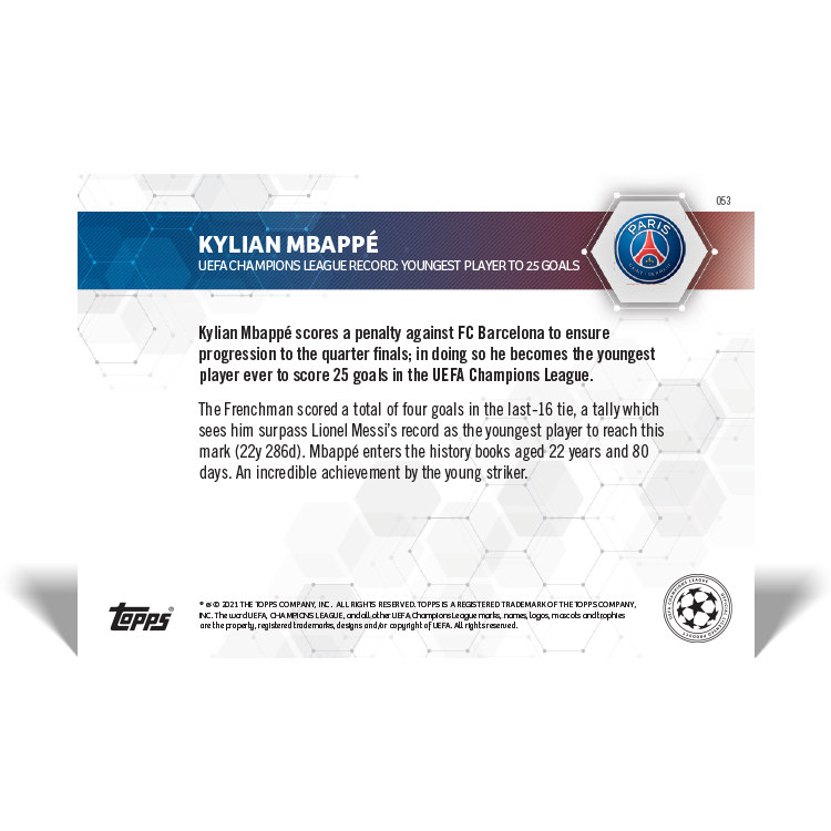 Alternative view of UEFA Champions League Record: Youngest player to 25 goals - UCL TOPPS NOW Card #53 - Print Run: 3020