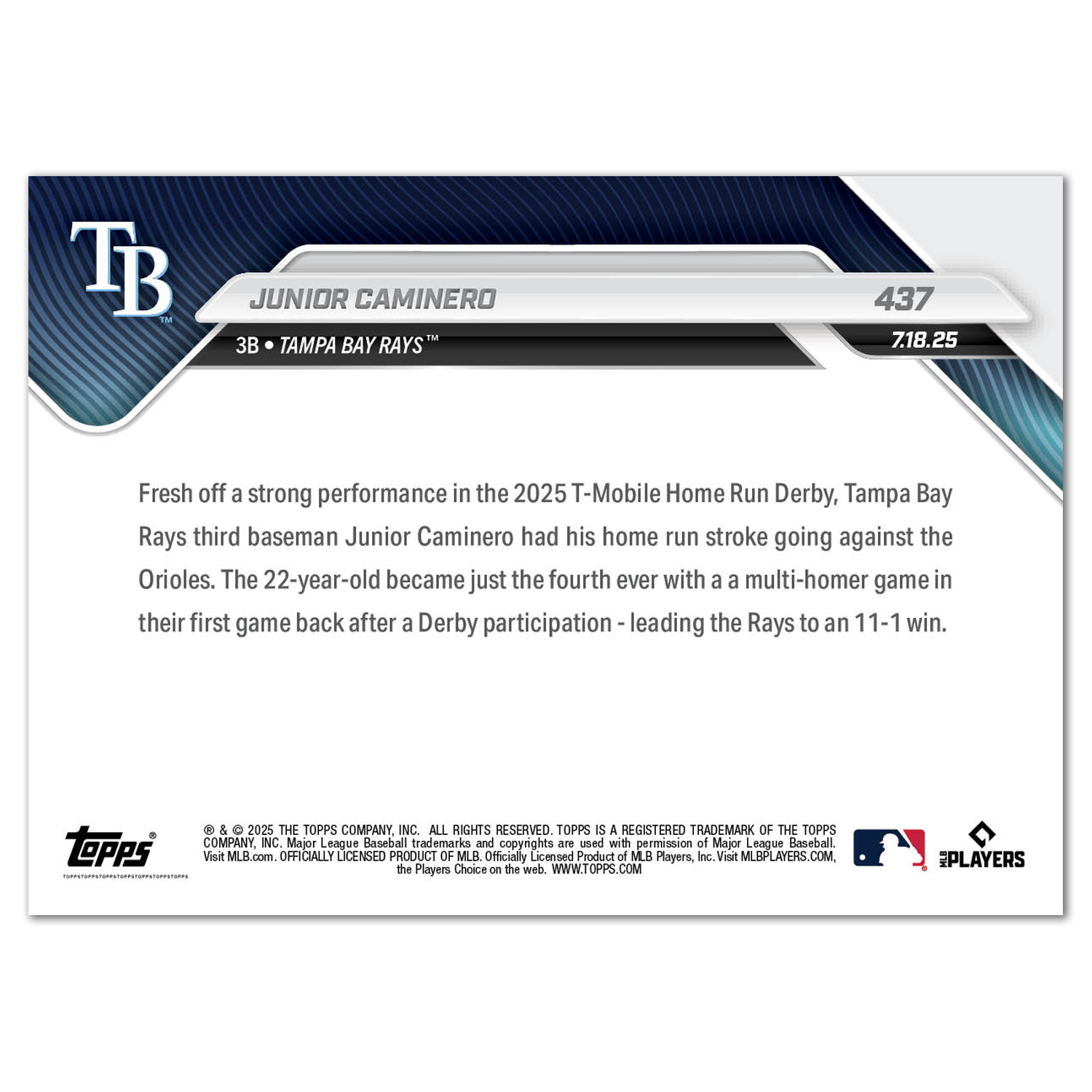 Junior Caminero - 2025 MLB Topps NOW - Card 437 - PR: 462 - Image 2