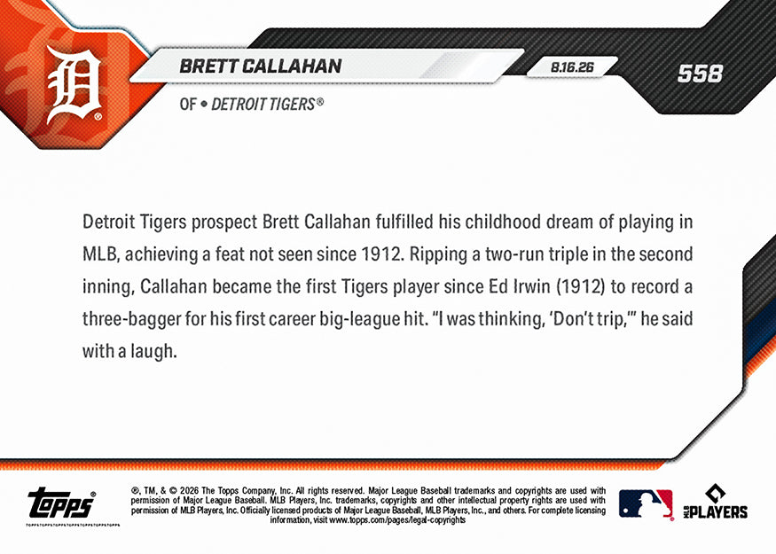Brett Callahan - 2026 MLB Topps NOW - Card 558 - PR: 2035 - Image 2