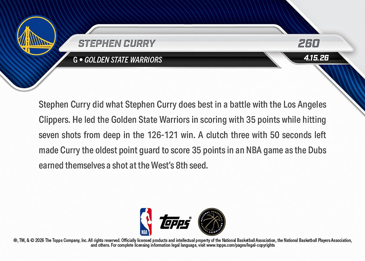 Stephen Curry - 2025-26 NBA Topps NOW - Card 260 - PR: 8994 - Image 3