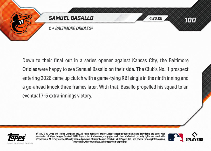 Samuel Basallo - 2026 MLB Topps NOW - Card 100 - PR: 901 - Image 2