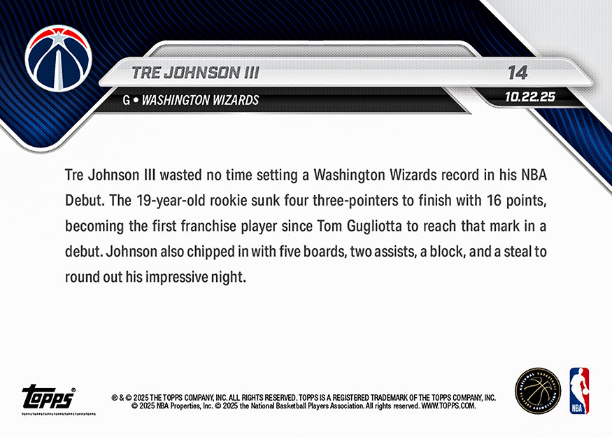 Tre Johnson - 2025-26 NBA Topps NOW - Card 14 - PR: 997 - Image 2