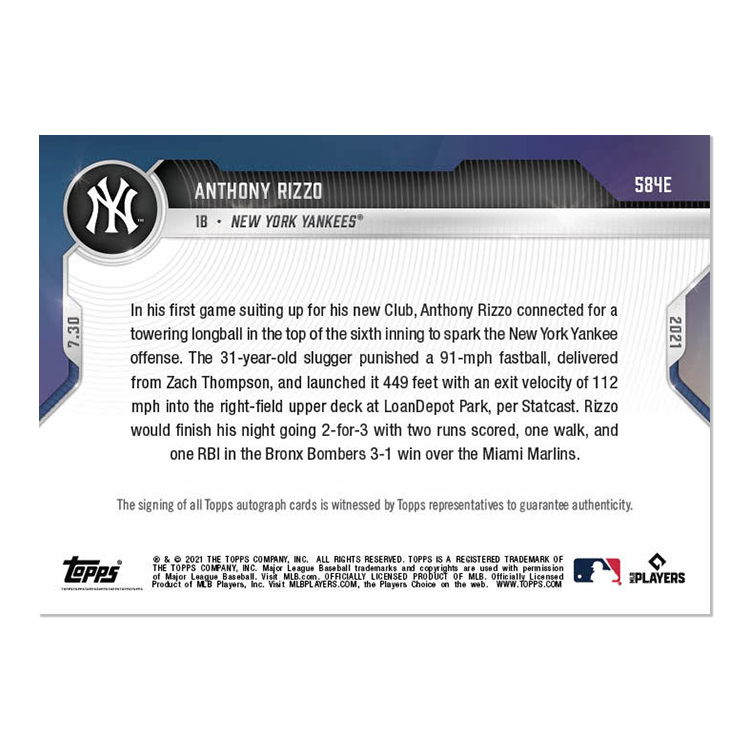 On-Card Auto # to 1 - Anthony Rizzo - 2021 MLB TOPPS NOW Card 584F - Image 2