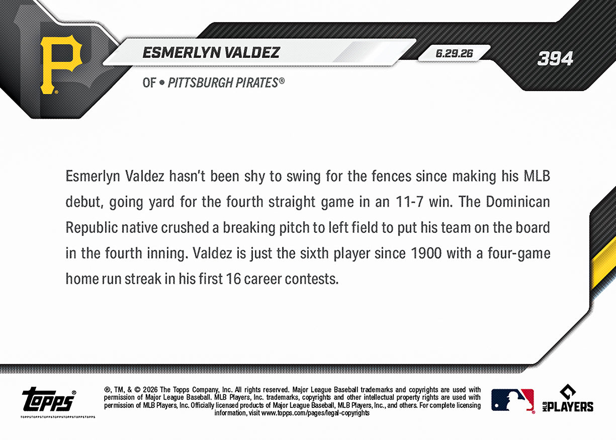 Esmerlyn Valdez - 2026 MLB Topps NOW - Card 394 - PR: 828 - Image 2
