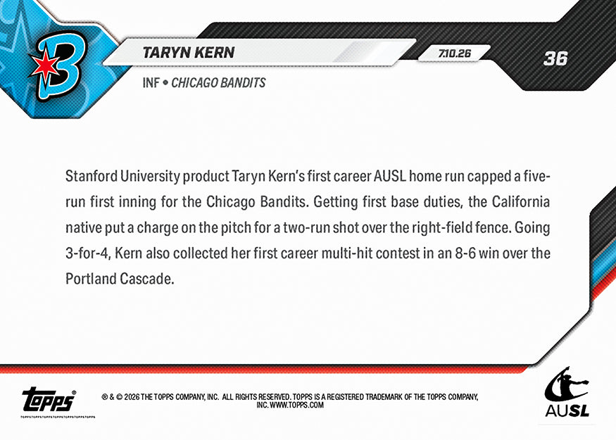 Taryn Kern - 2026 AUSL Topps NOW - Card 36 - PR: 998 - Image 3