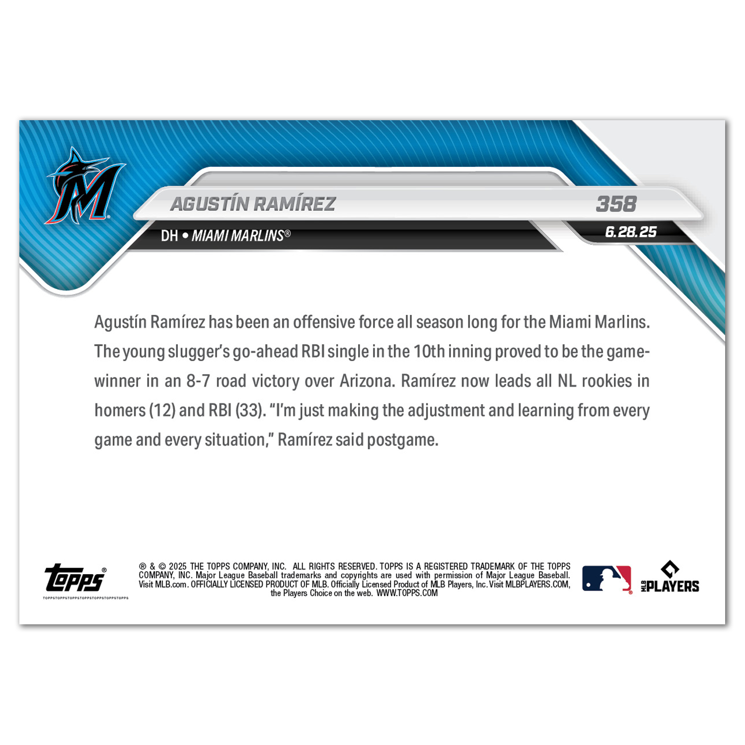 Agustín Ramírez - 2025 MLB Topps NOW - Card 358 - PR: 517 - Image 2