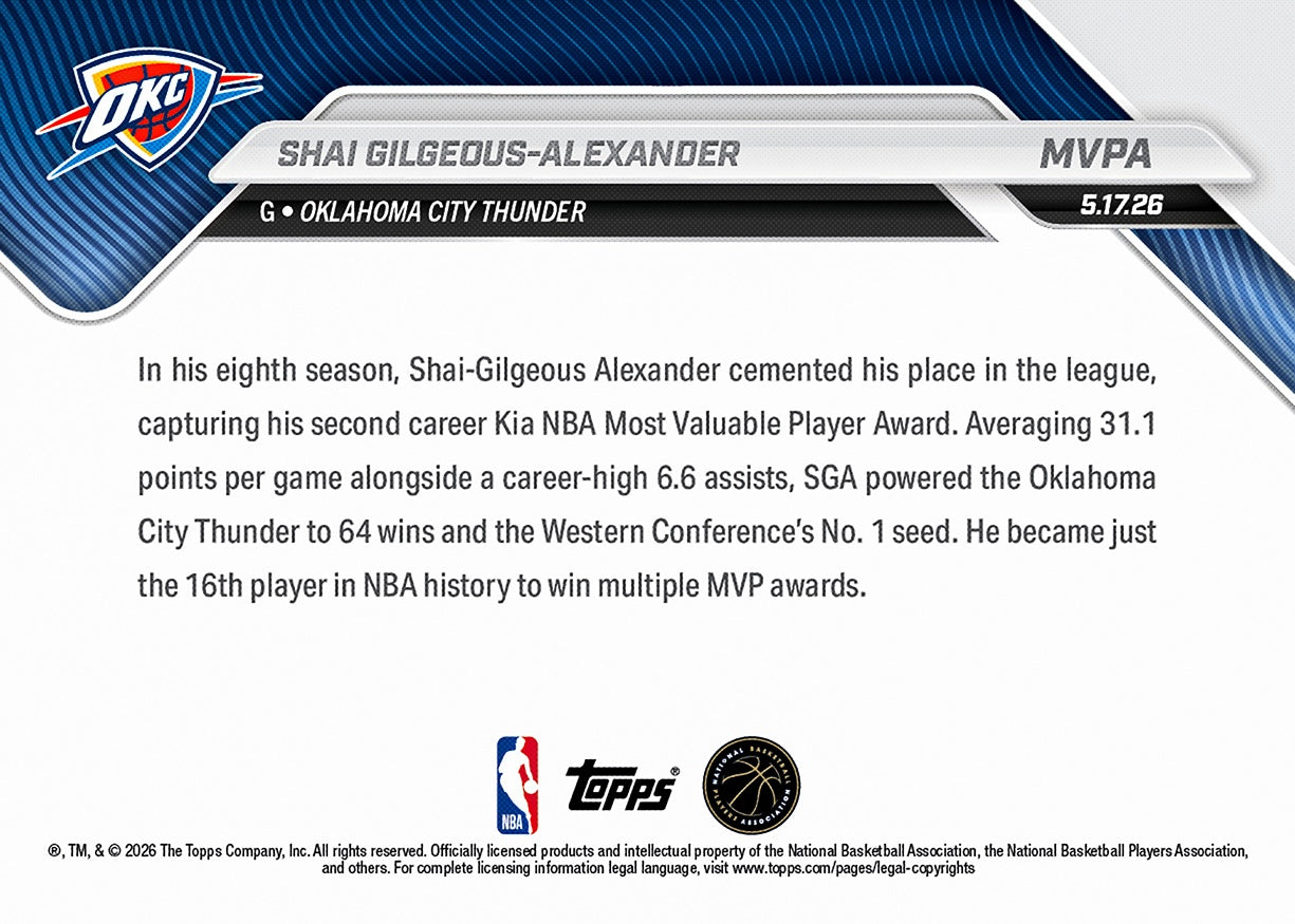 Shai Gilgeous-Alexander - 2025-26 NBA Topps NOW - Card MVPA - PR: 26098 - Image 3