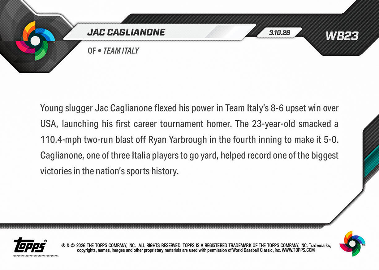 Jac Caglianone - 2026 World Baseball Classic Topps NOW - Card 23 - PR: 7841 - Image 3
