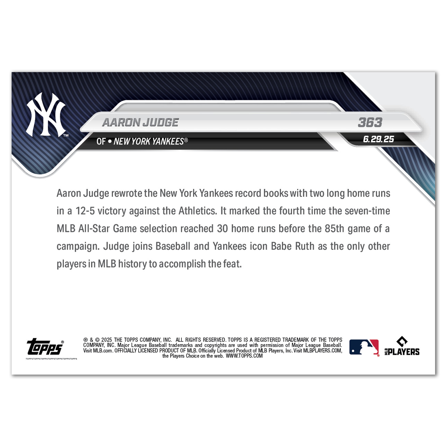 Aaron Judge - 2025 MLB Topps NOW - Card 363 - PR: 2309 - Image 2