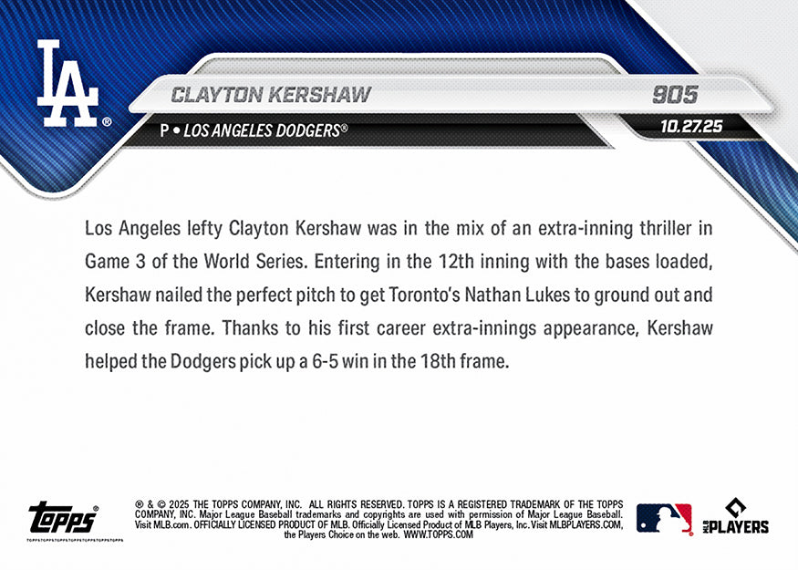 Clayton Kershaw - 2025 MLB Topps NOW - Card 905 - PR: 6614 - Image 2