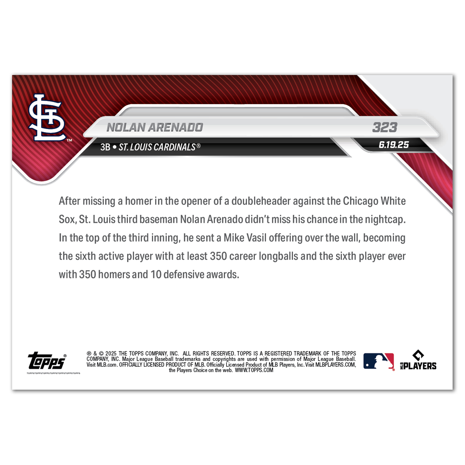 Nolan Arenado - 2025 MLB Topps NOW - Card 323 - PR: 686 - Image 2