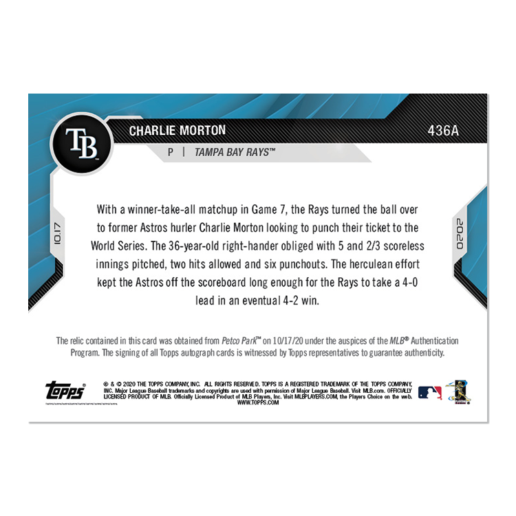 On-Card Auto-Relic # to 10 - Charlie Morton - MLB TOPPS NOW Card 436A - Image 2