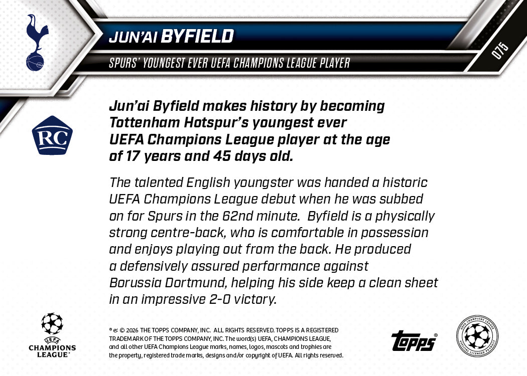 Jun'ai Byfield - 2025-26 UCL Topps NOW - Card 75 - PR: 924 - Image 7