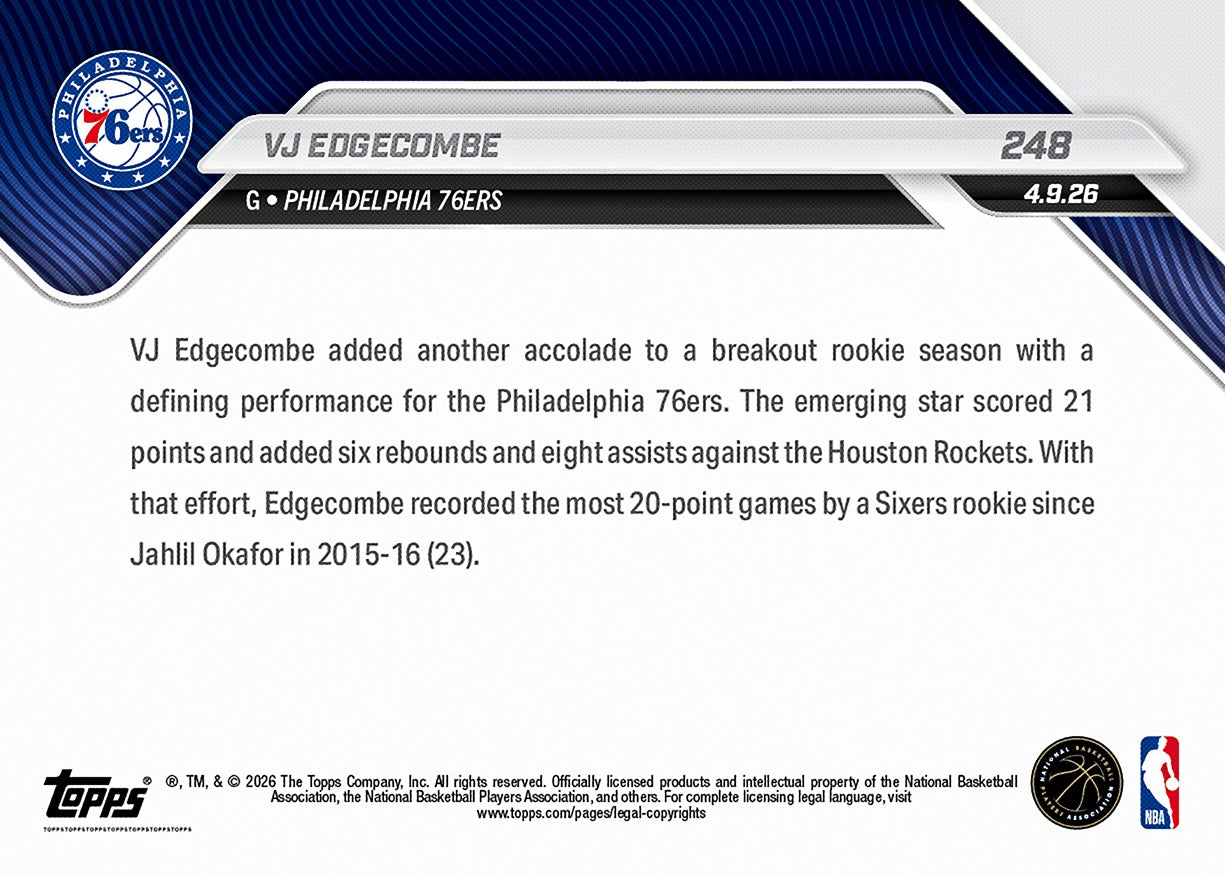 Alternative view of VJ Edgecombe - 2025-26 NBA Topps NOW - Card 248 - PR: 1893