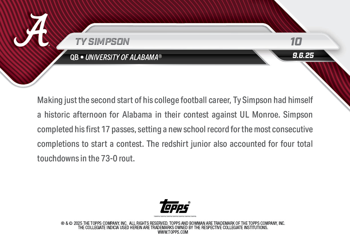 Alternative view of Ty Simpson - 2025-26 Bowman U NOW Football - Card 10 - PR: 488