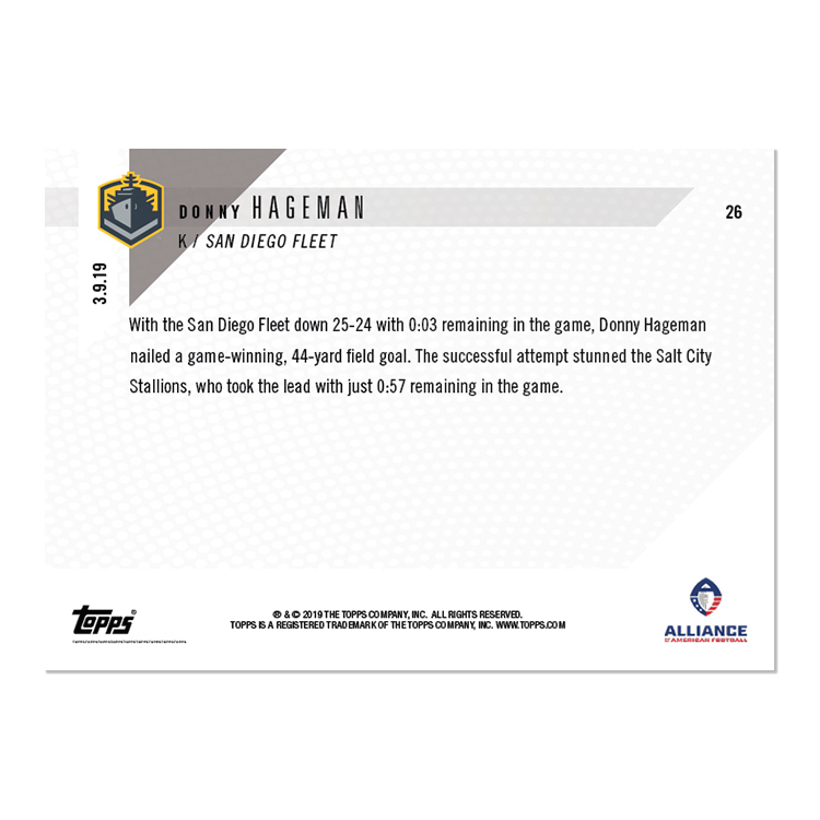 Donny Hageman - AAF TOPPS NOW Card 26 - Print Run: 222 - Image 2