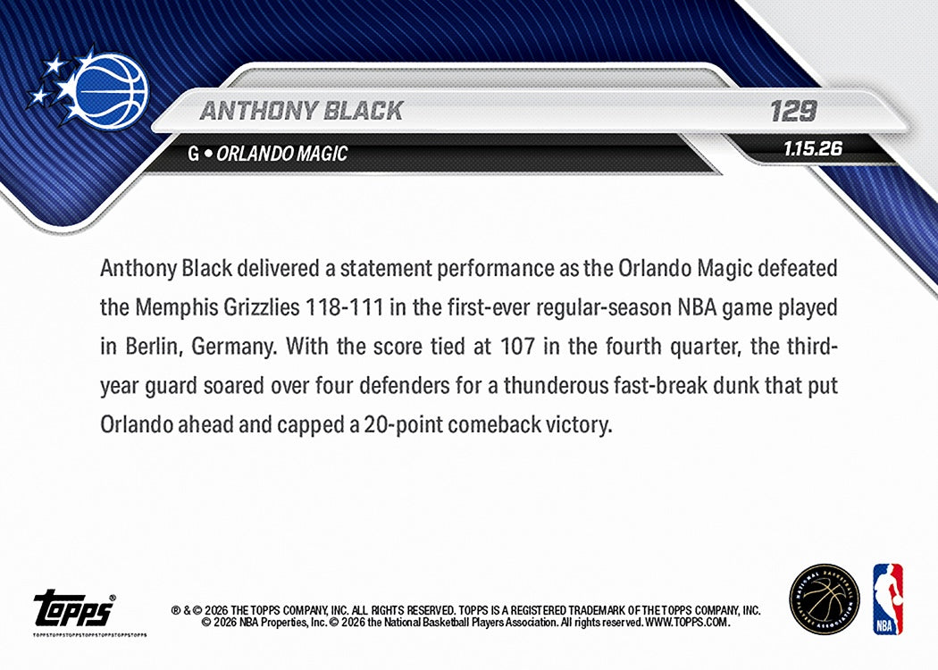Anthony Black - 2025-26 NBA Topps NOW - Card 129 - PR: 3364 - Image 2
