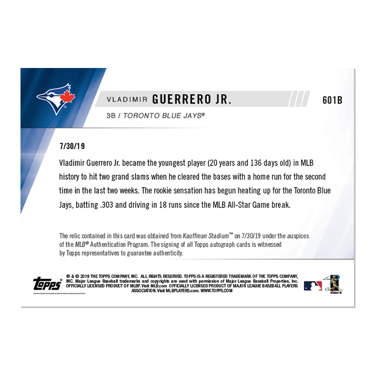 On-Card Auto Base Relic # to 49 - Vladimir Guerrero Jr. - MLB TOPPS NOW Card 601B - Image 2
