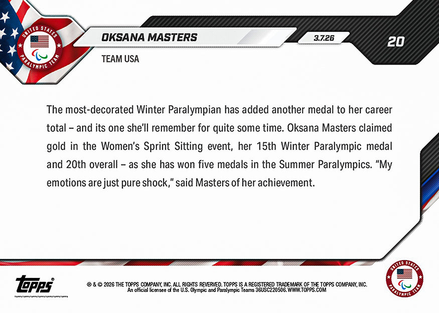 Oksana Masters - 2026 Paralympics Topps NOW - Card 20 - PR: 399 - Image 2