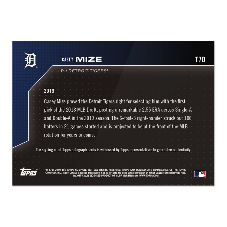 On-Card Auto # to 10 - Casey Mize - Bowman NEXT TOPPS NOW Card T7D - Image 2