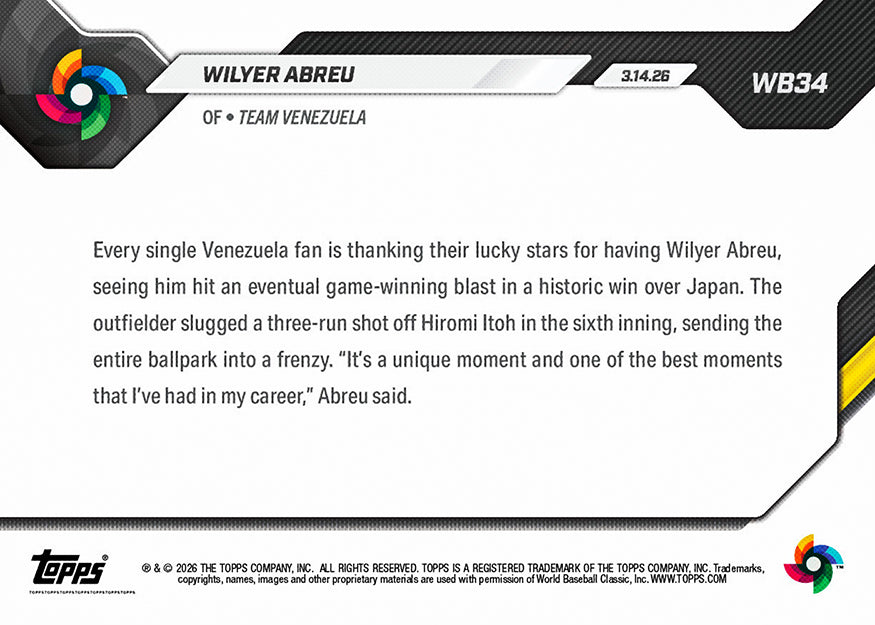 Alternative view of Wilyer Abreu - 2026 World Baseball Classic Topps NOW - Card 34 - PR: 1331