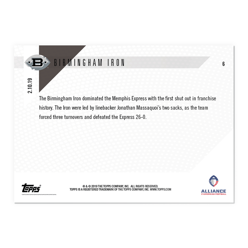 Birmingham Iron - AAF TOPPS NOW Card 6 - Print Run: 307 - Image 2