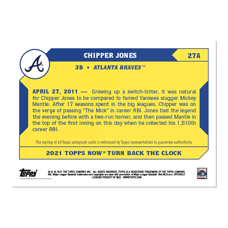 On-Card Auto # to 49 - Chipper Jones - 2021 MLB TOPPS NOW Turn Back The Clock - Card 27A - Image 2