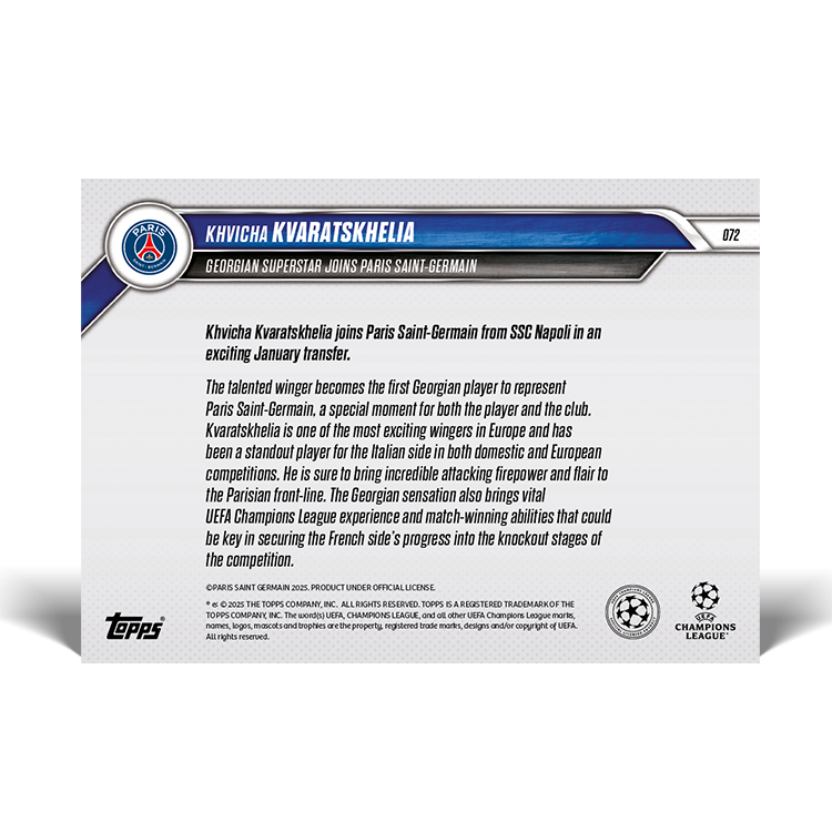 Khvicha Kvaratskhelia - Georgian superstar joins Paris Saint-Germain - 24/25 UCL Topps NOW Card 72 - PR: 237 - Image 2