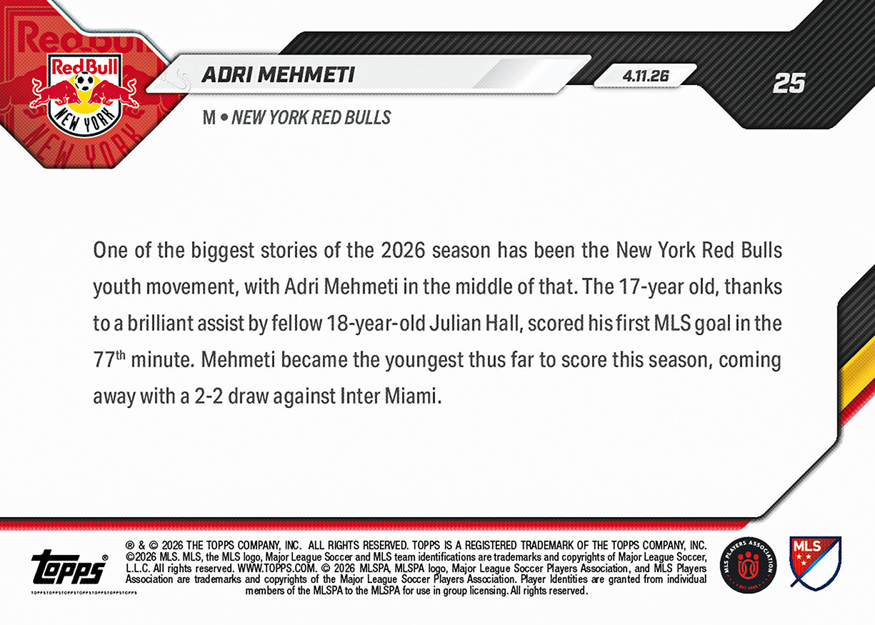 Adri Mehmeti - 2026 MLS Topps NOW - Card 25 - PR: 1541 - Image 2