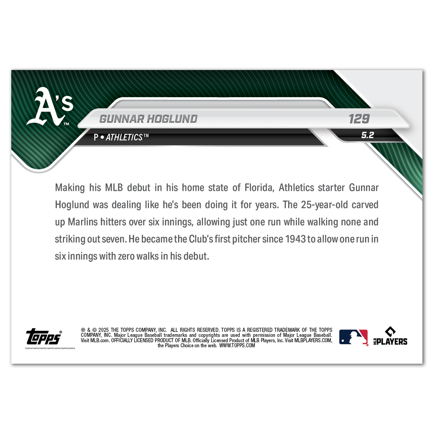 Gunnar Hoglund - 2025 MLB Topps NOW - Card 129 - PR: 583 - Image 2