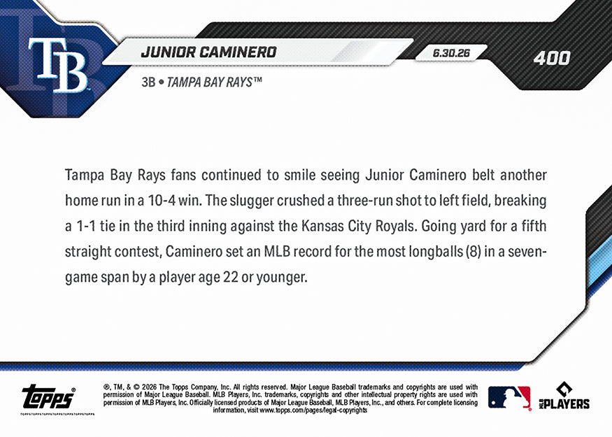 Junior Caminero - 2026 MLB Topps NOW - Card 400 - PR: 863 - Image 2