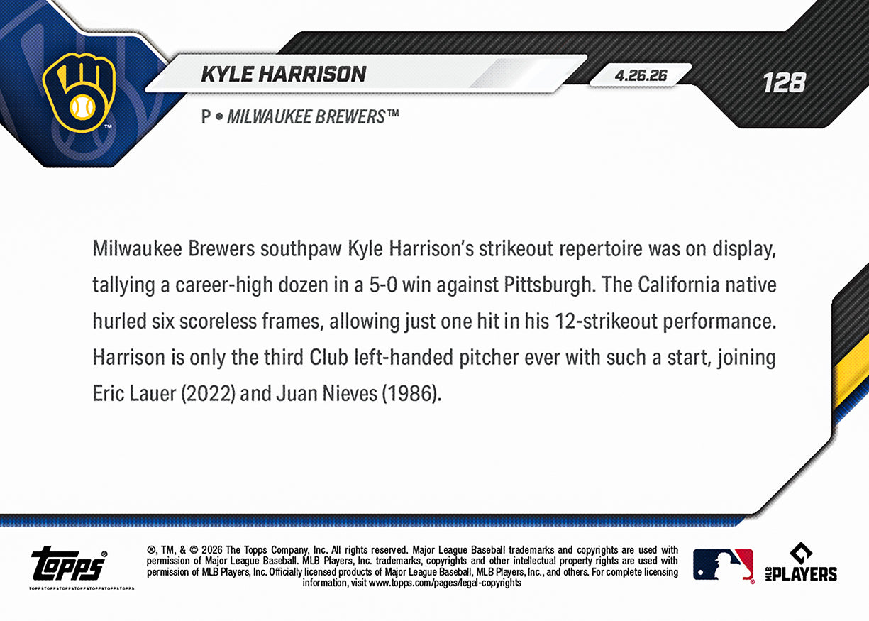 Kyle Harrison - 2026 MLB Topps NOW - Card 128 - PR: 479 - Image 2