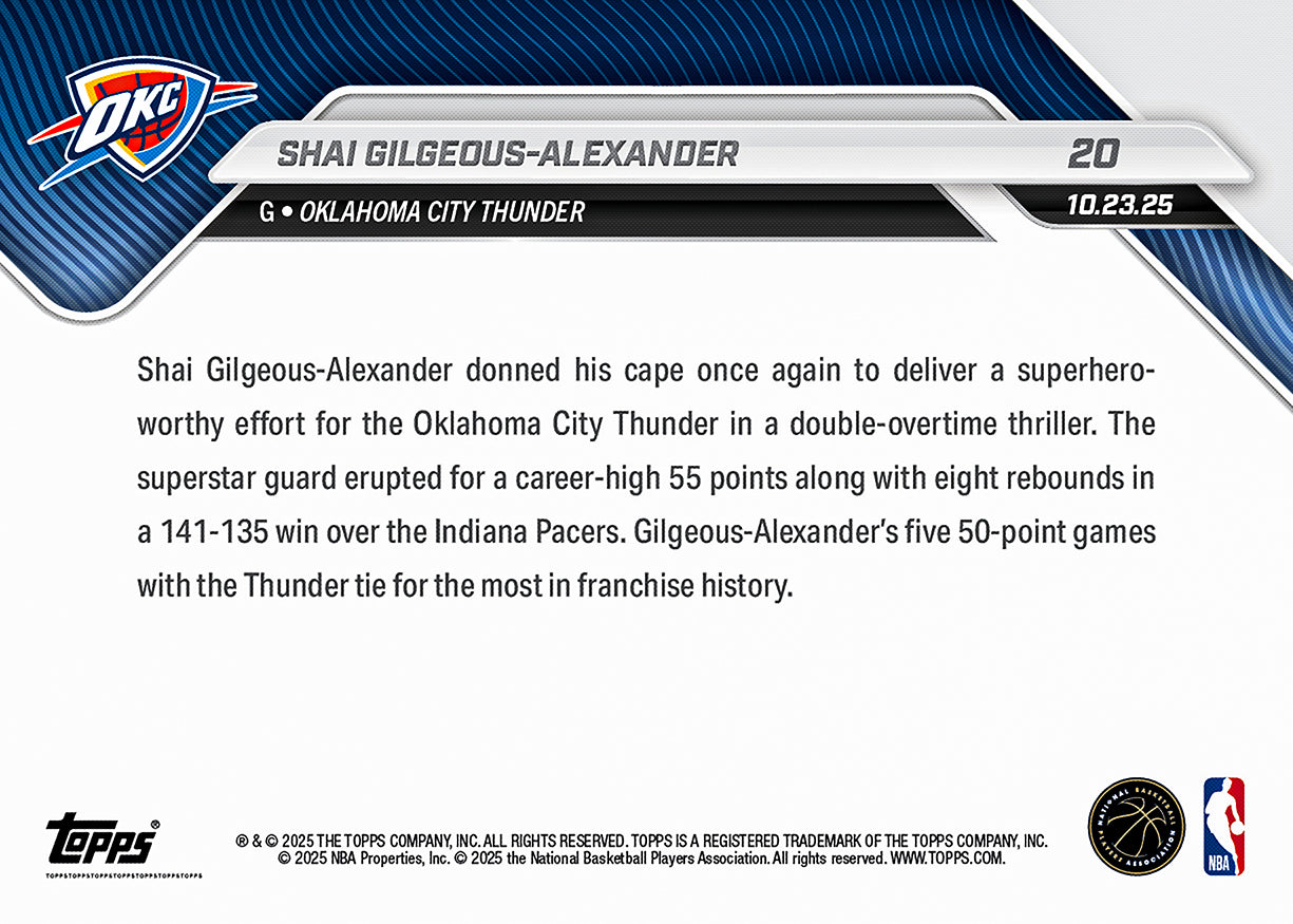 Shai Gilgeous-Alexander - 2025-26 NBA Topps NOW - Card 20 - PR: 1280 - Image 2