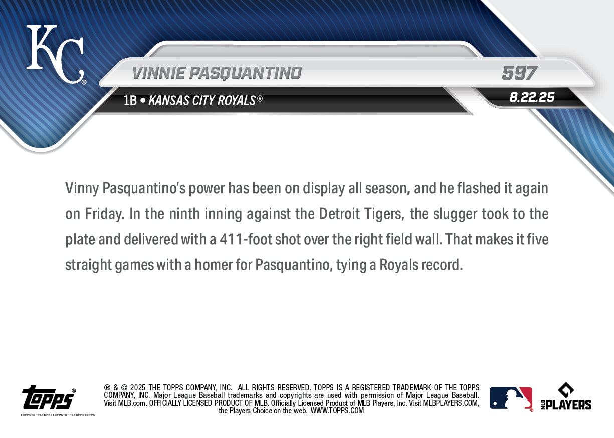 Alternative view of Vinnie Pasquantino - 2025 MLB Topps NOW - Card 597 - PR: 514
