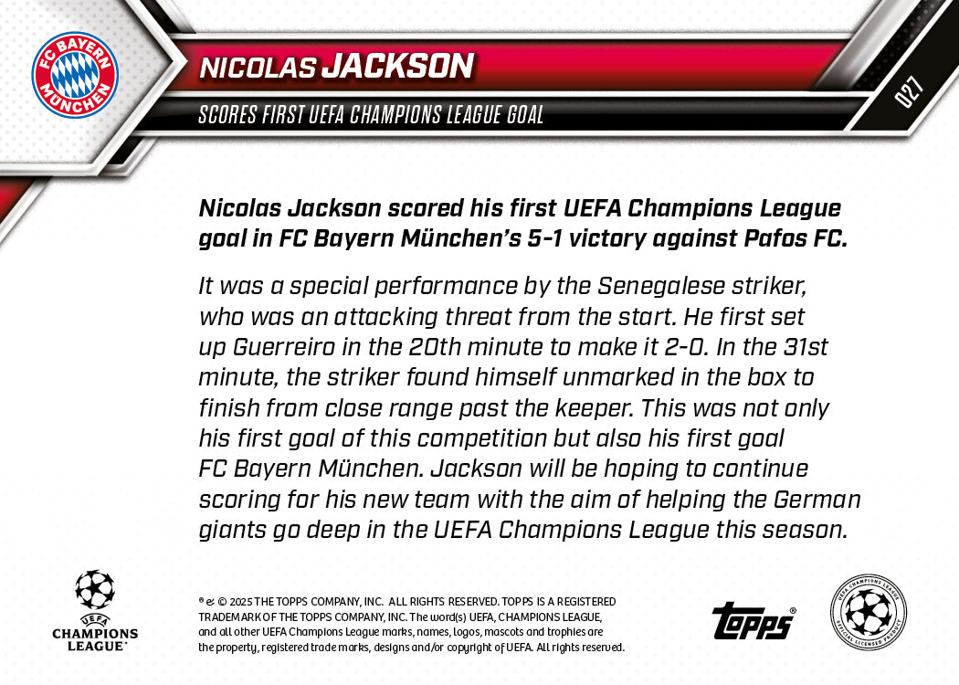 Nicolas Jackson - 2025-26 UCL Topps NOW - Card 27 - PR: 187 - Image 7