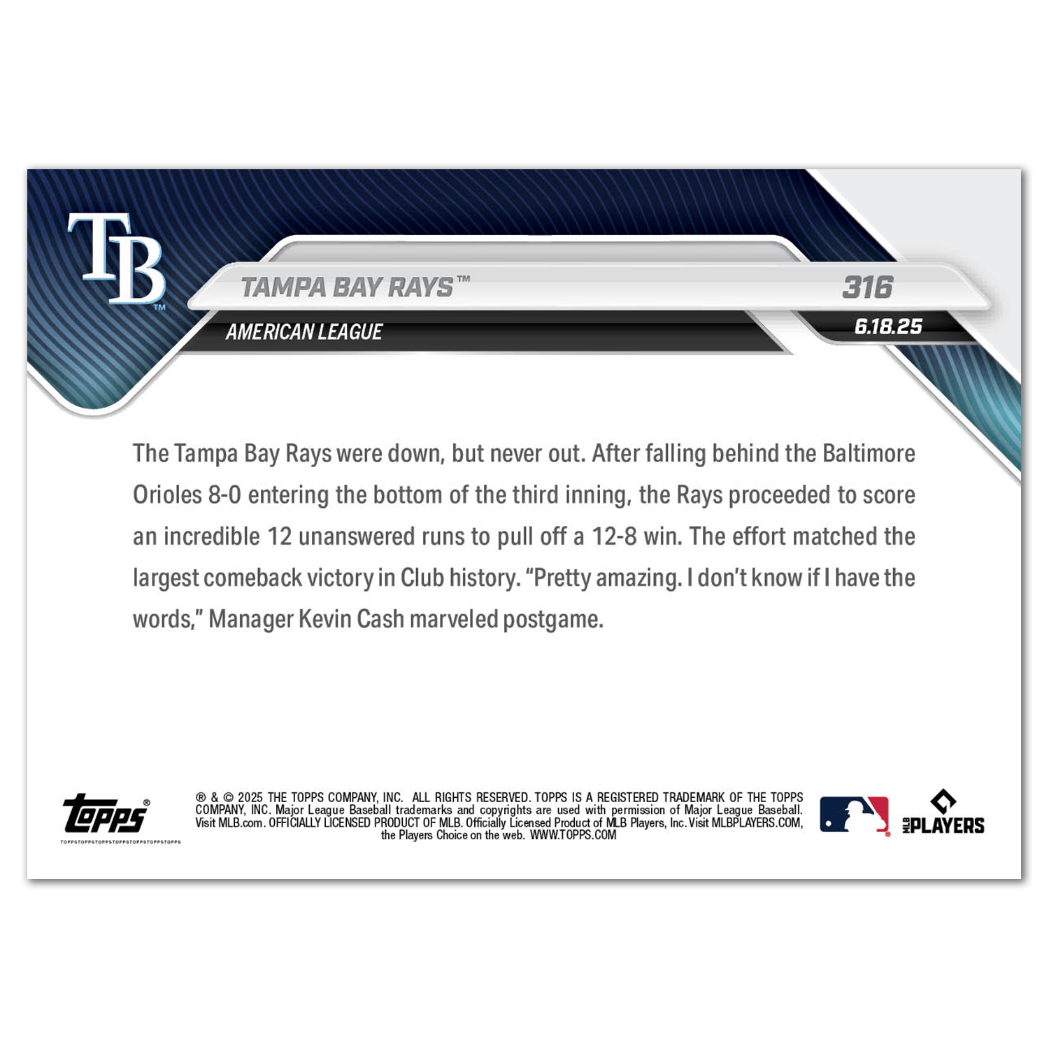 Tampa Bay Rays™ - 2025 MLB Topps NOW - Card 316 - PR: 307 - Image 2