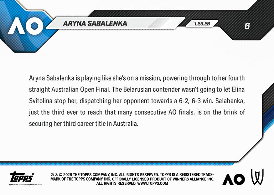 Aryna Sabalenka - 2026 Topps NOW Tennis - Card 6 - PR: 427 - Image 2