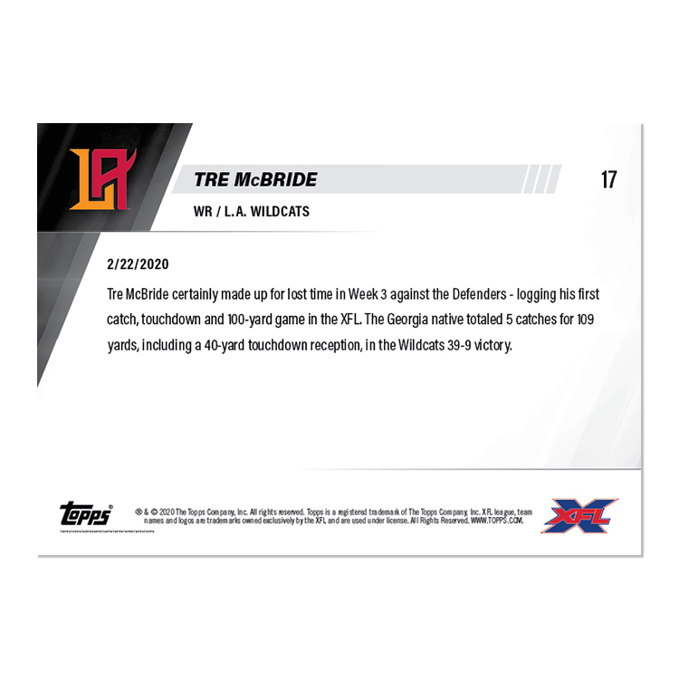 Alternative view of Tre McBride - XFL TOPPS NOW Card 17 - Print Run: 157