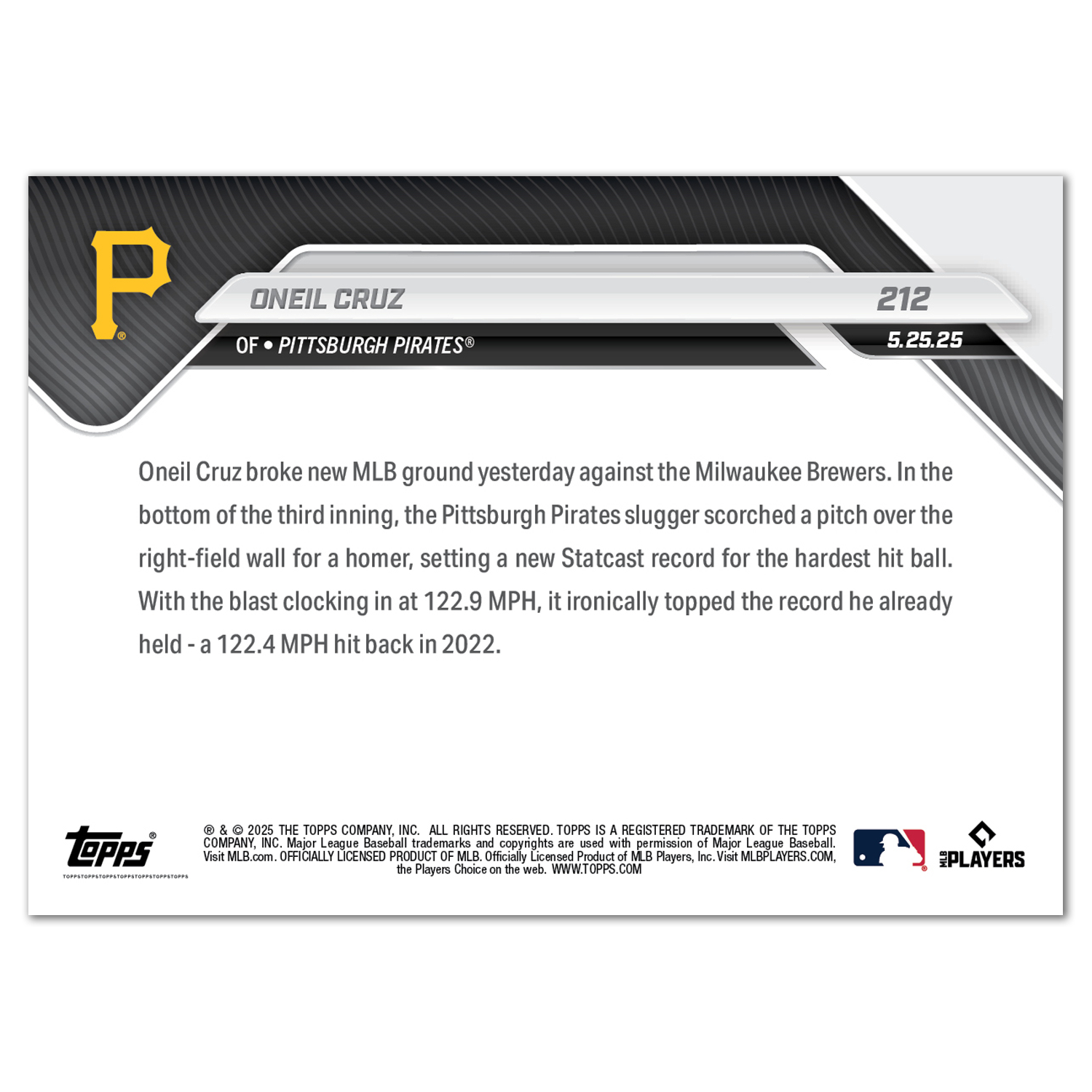 Oneil Cruz - 2025 MLB Topps NOW - Card 212 - PR: 993 - Image 2