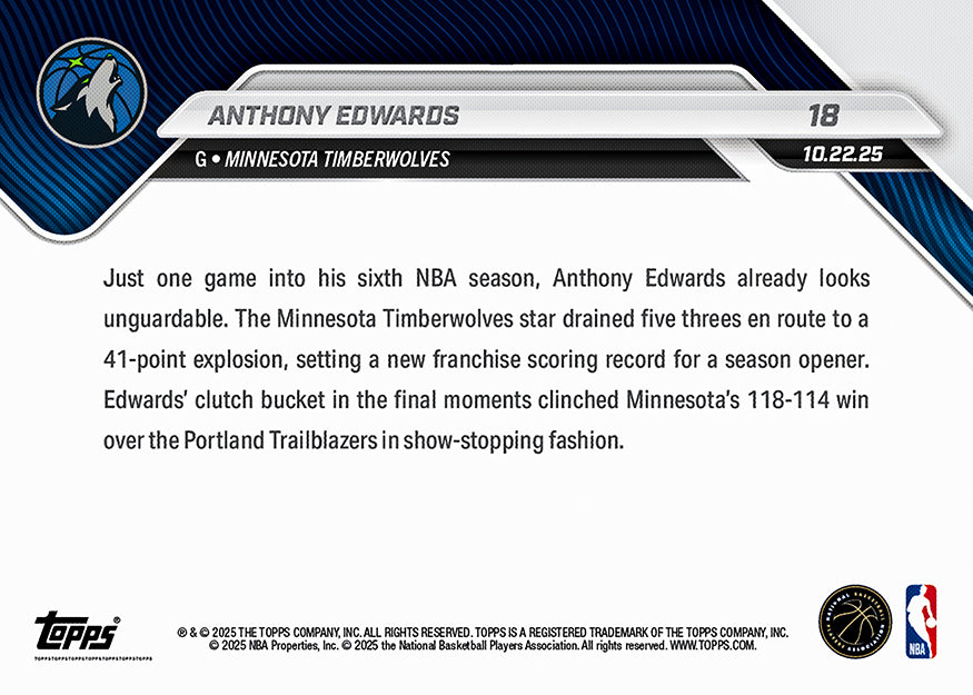 Anthony Edwards - 2025-26 NBA Topps NOW - Card 18 - PR: 1387 - Image 2