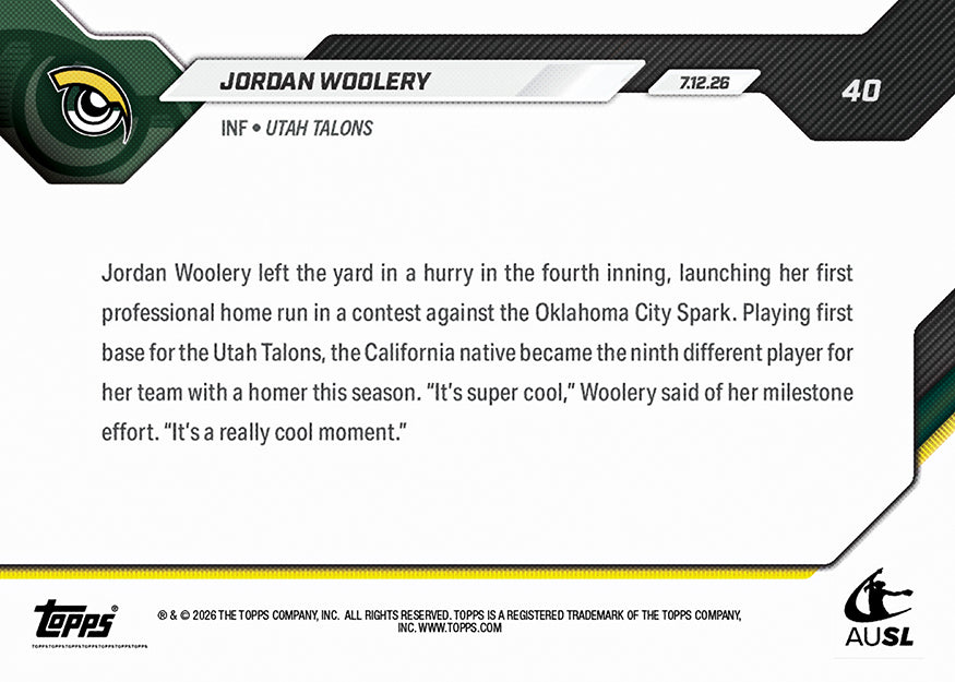 Jordan Woolery - 2026 AUSL Topps NOW - Card 40 - PR: 860 - Image 3
