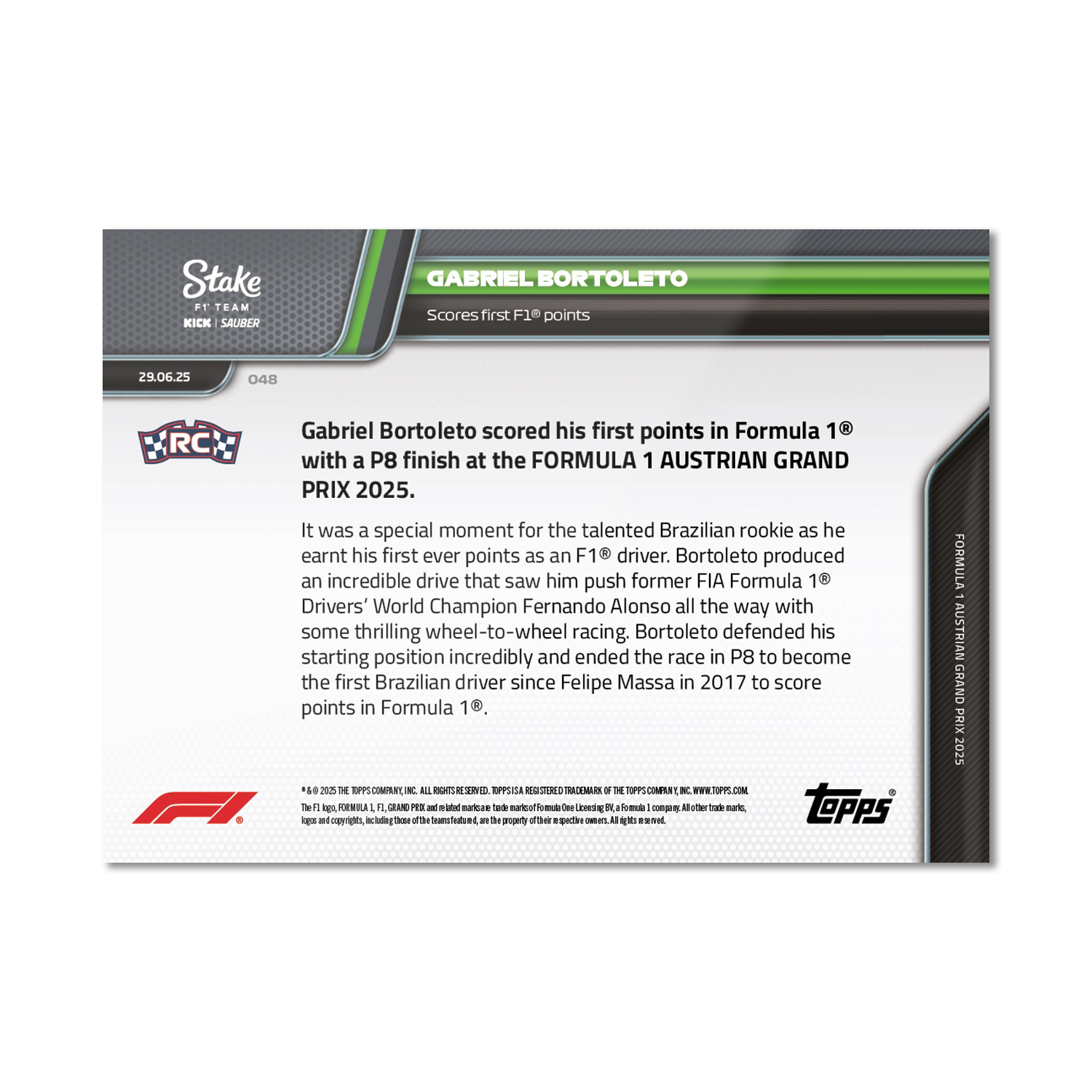 Gabriel Bortoleto - 2025 Formula 1 Topps NOW - Card 48 - PR: 1006 - Image 7
